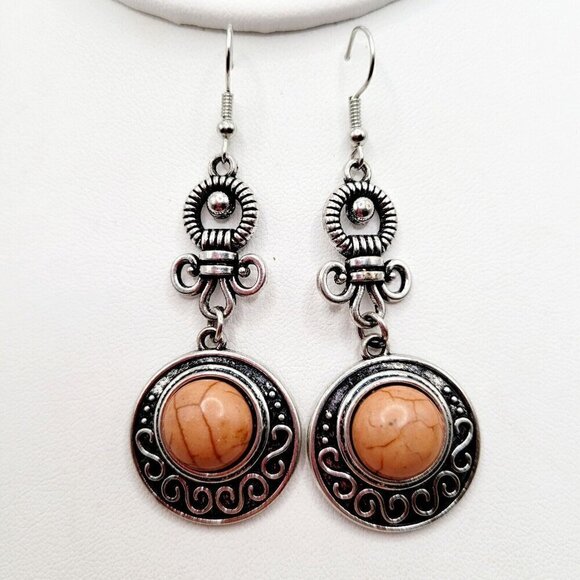 Neutral Faux Stone Drop Dangle Earrings 2 3/4" Southwestern Antiqued Silver Tone - Picture 1 of 5